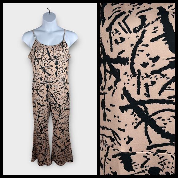Soft Stretchy Sleeveless Cream Black Splatter Paint Flare Leg Jumpsuit Medium - Picture 1 of 8